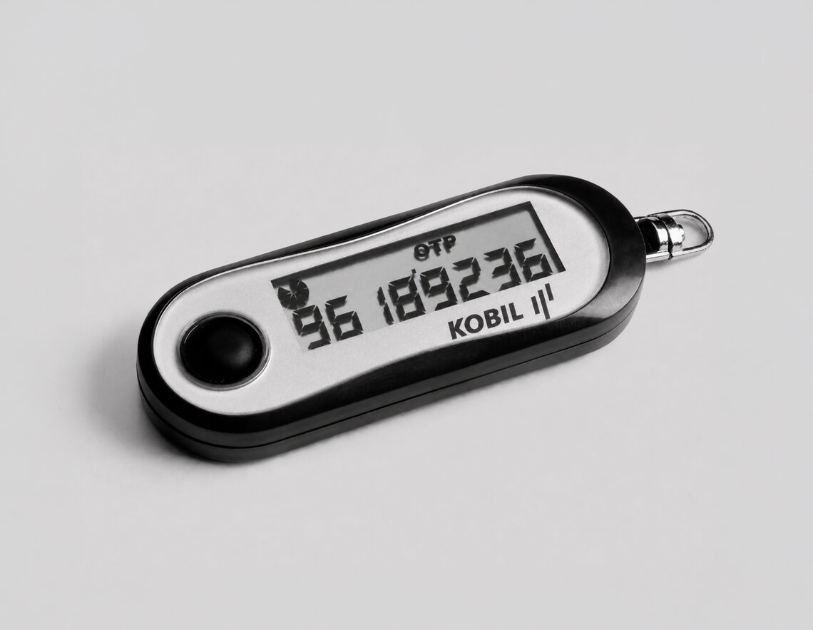 KOBIL one-time password hardware token showing an OTP code on its display