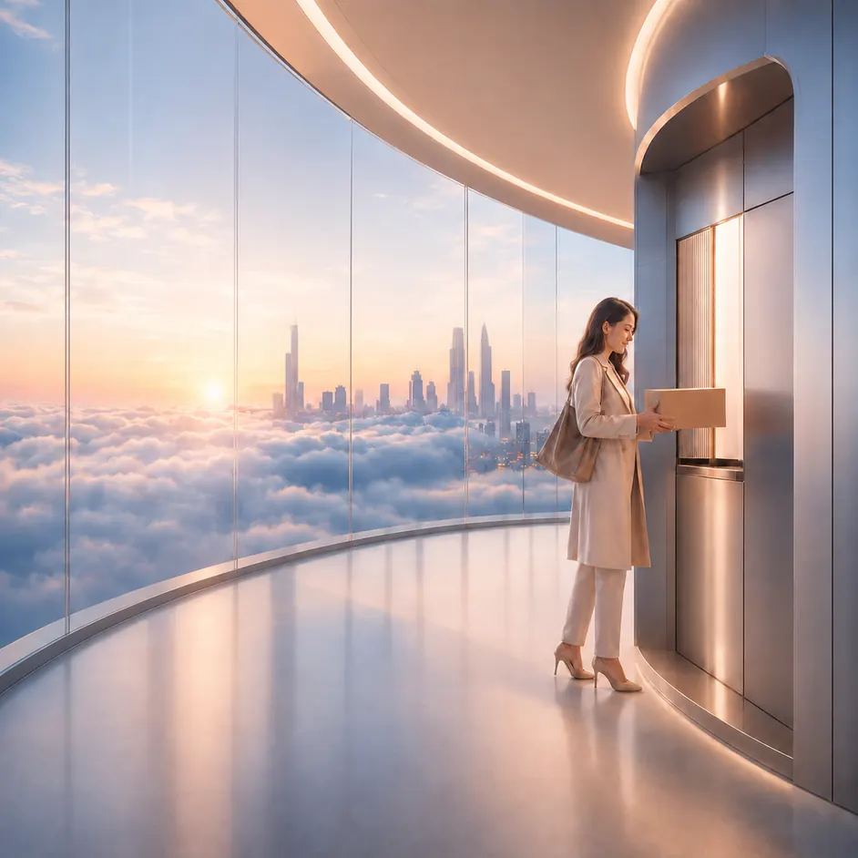 A woman carrying a parcel to a lift in a glass-walled tower at dusk