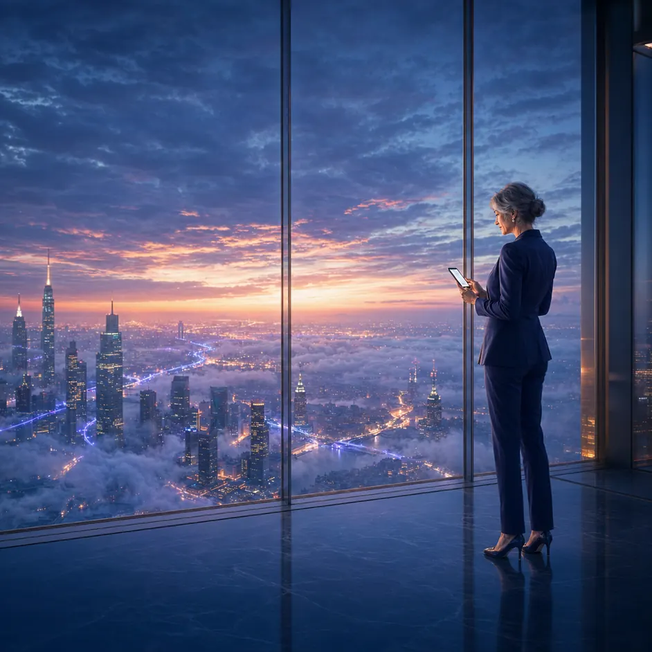 A woman with a tablet at a high-rise window above a city skyline lit up at dusk