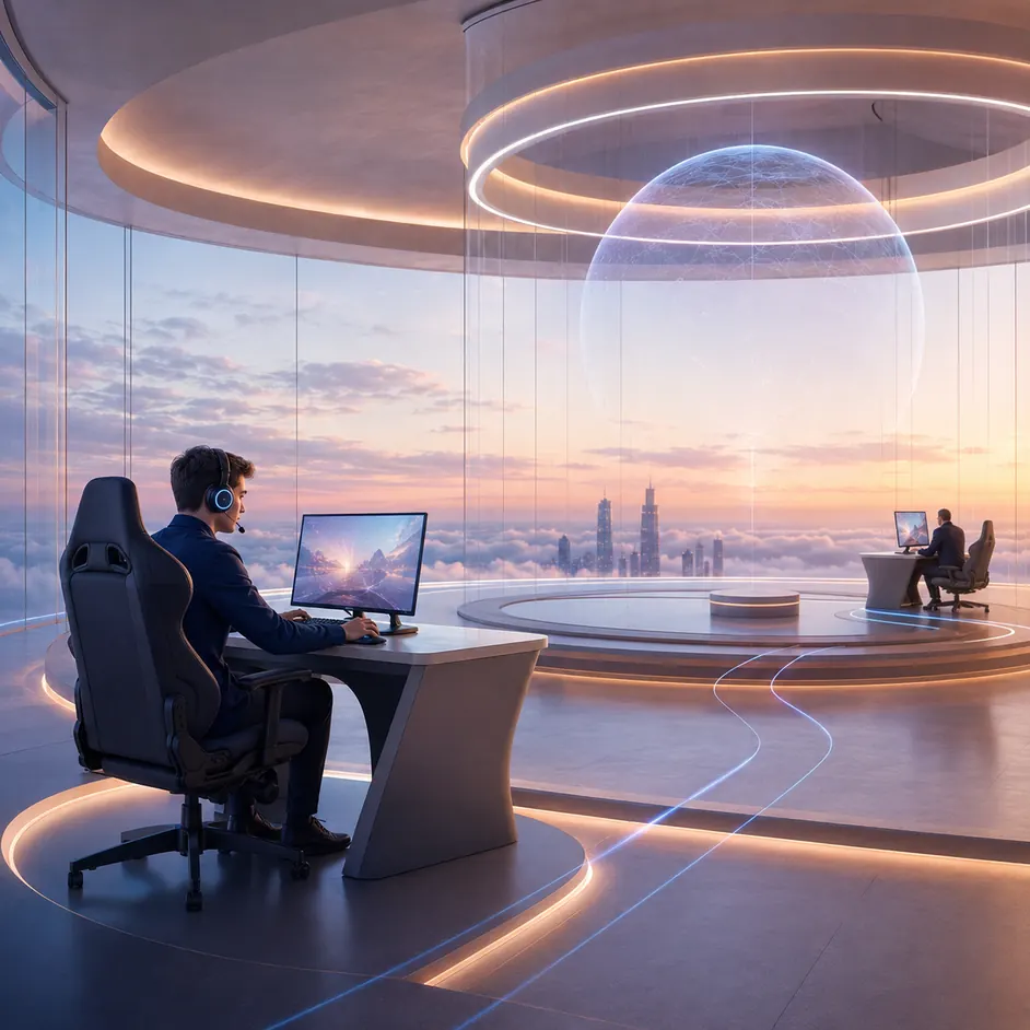 A player at a lit desk in a glass studio high above the clouds