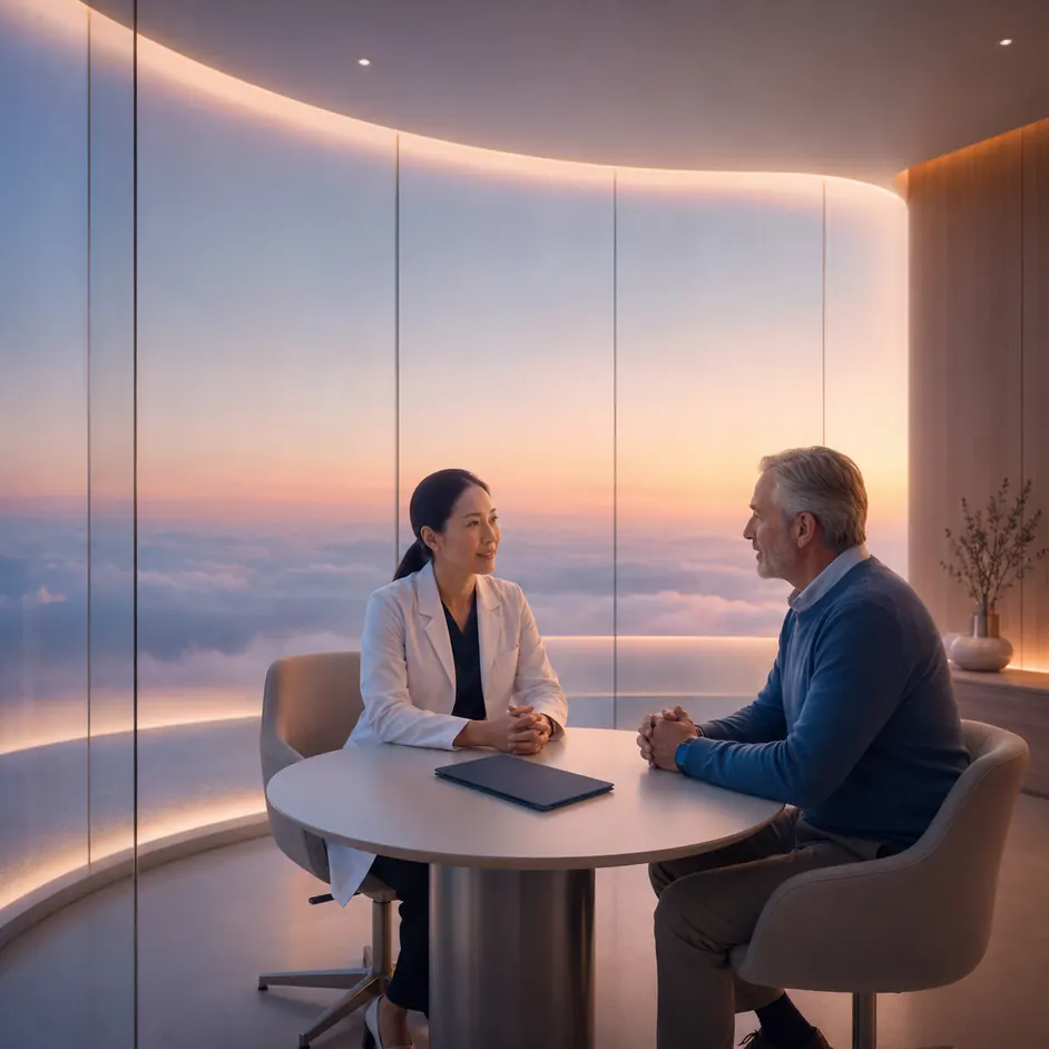 A clinician and a patient talking across a table in a bright consultation room