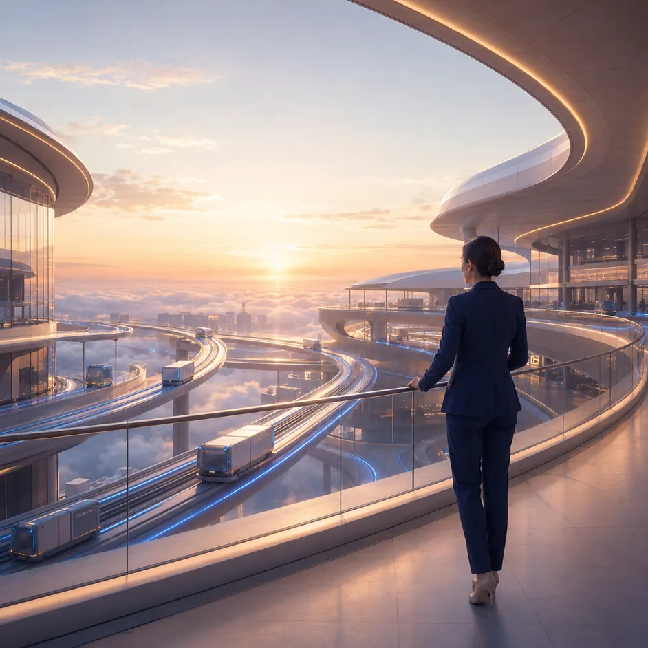 A woman overlooking layered elevated roadways at sunrise