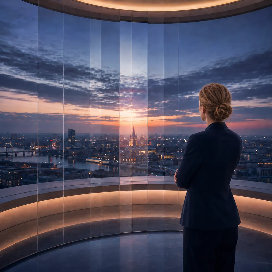 A woman at a panoramic window watching a city skyline at dusk