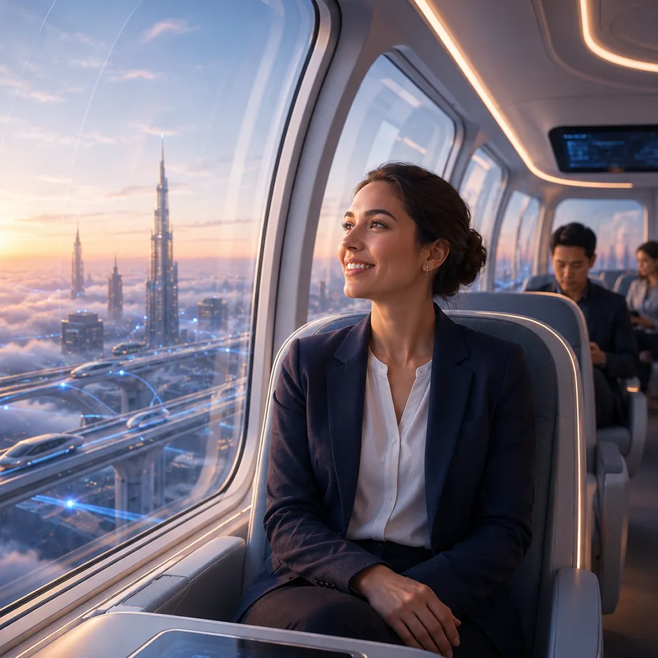 A woman in a train cabin watching a futuristic skyline above the clouds