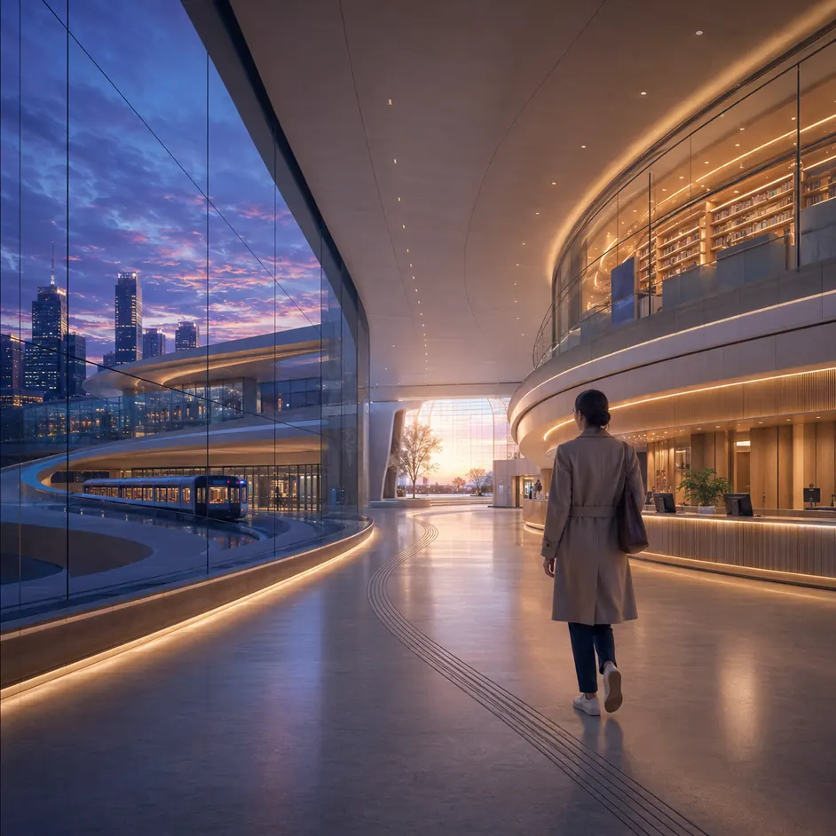 A person walking through the glass-walled concourse of a public building at dusk