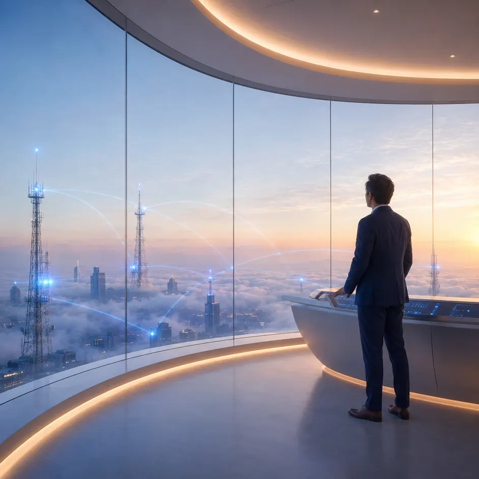 A man at a console by a panoramic window, a lit network mast above the clouds