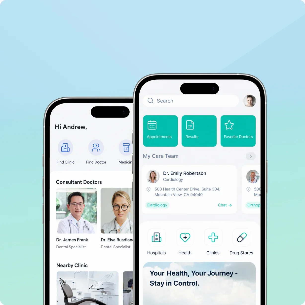 Healthcare-App auf zwei iPhones mit Terminen, Befunden, einem Behandlungsteam mit Arztprofilen und Schnellzugriff auf Krankenh&auml;user, Kliniken und Apotheken