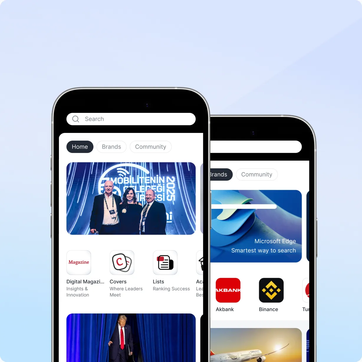 Forbes Connect SuperApp auf zwei iPhones mit dem Home-Feed samt MiniApps f&uuml;r Digital Magazine, Covers und Lists sowie einem Brands-Tab mit Community-Spaces f&uuml;r Akbank, Binance und Microsoft Edge