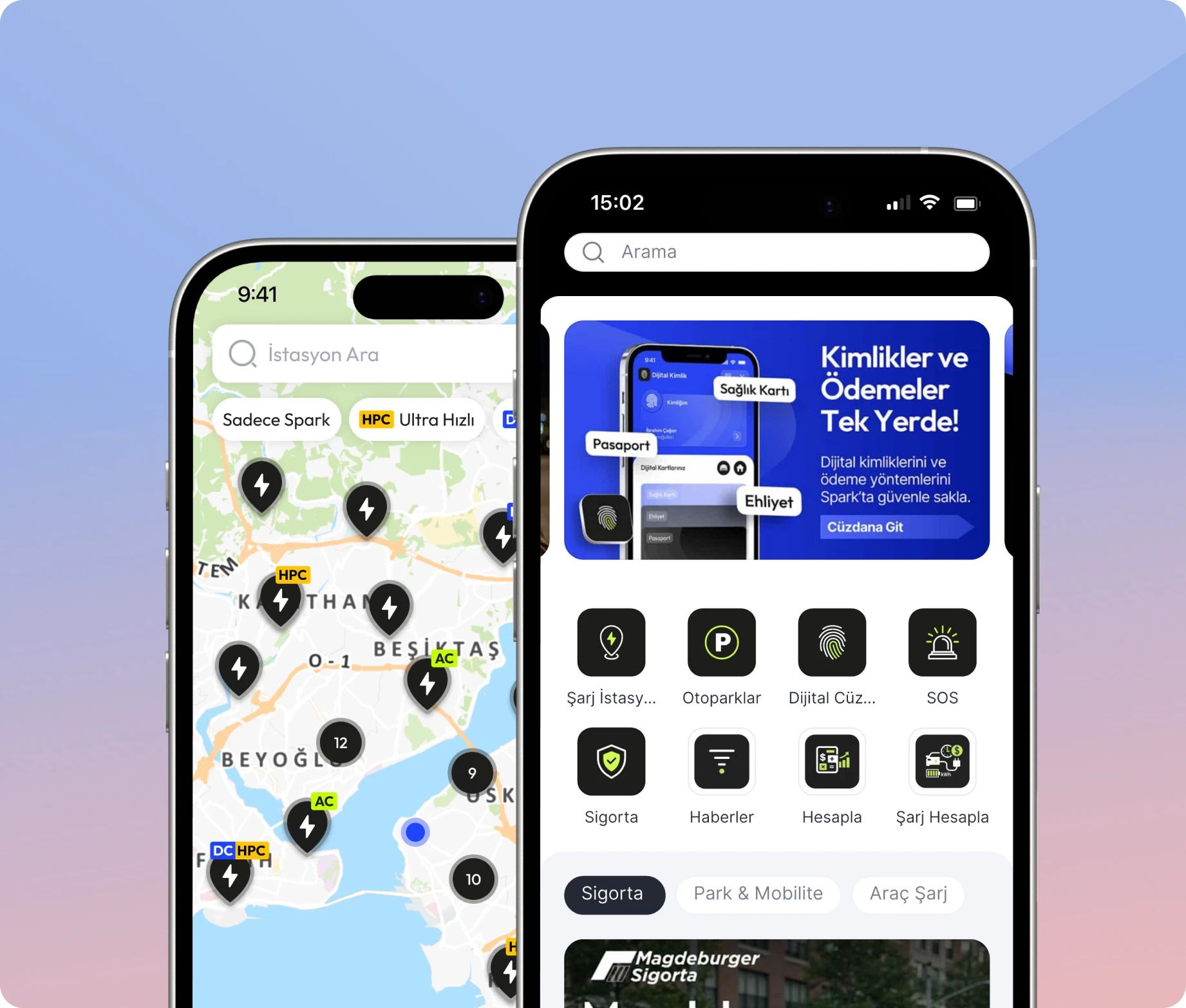 Spark Connect app screens: an EV charge-point map and the mobility services home with digital wallet, parking, and insurance