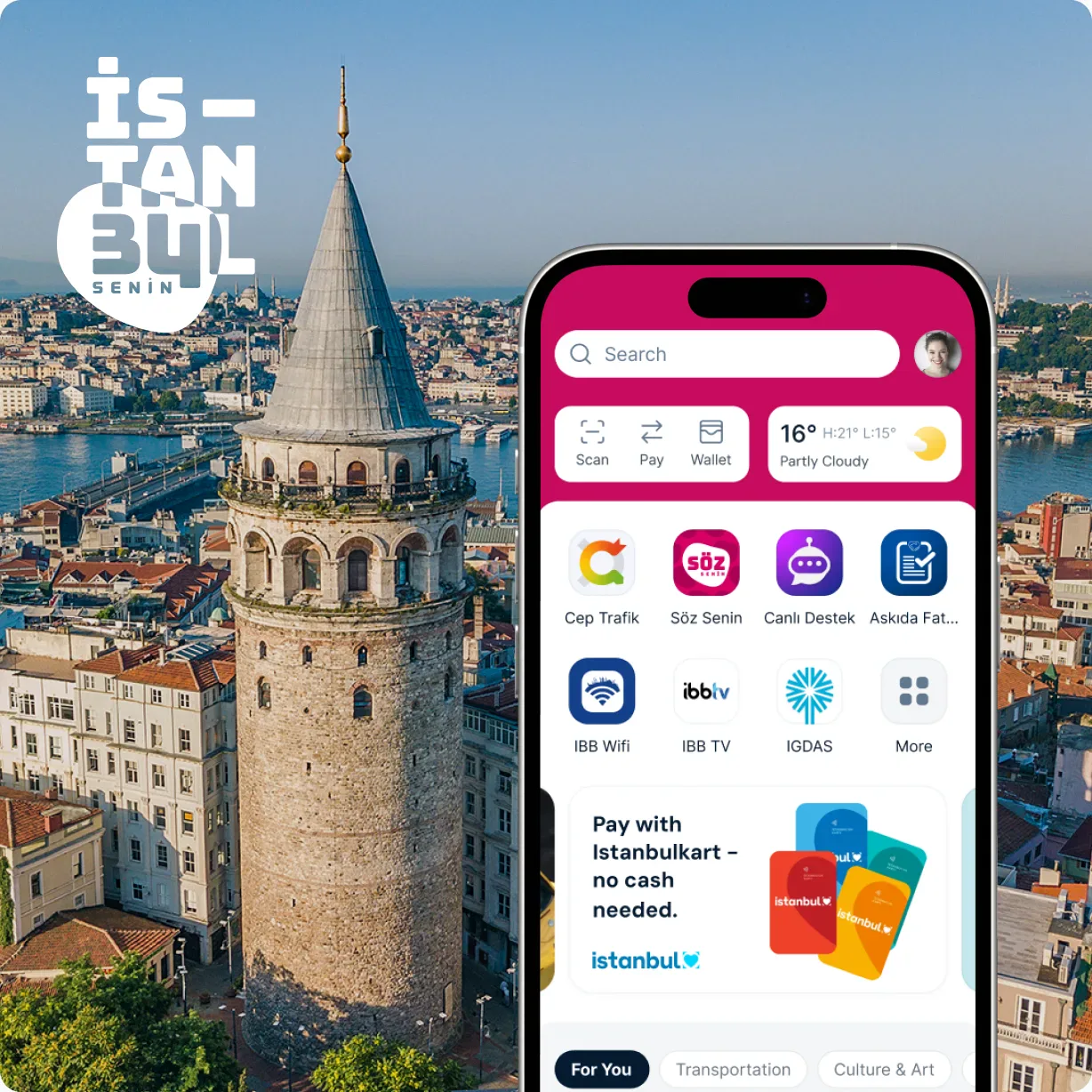 Istanbul Senin SuperApp on an iPhone showing city-service MiniApps such as Cep Trafik, Söz Senin, IBB Wifi and Istanbulkart payments, in front of an aerial photo of Galata Tower with the İstanbul Senin logo