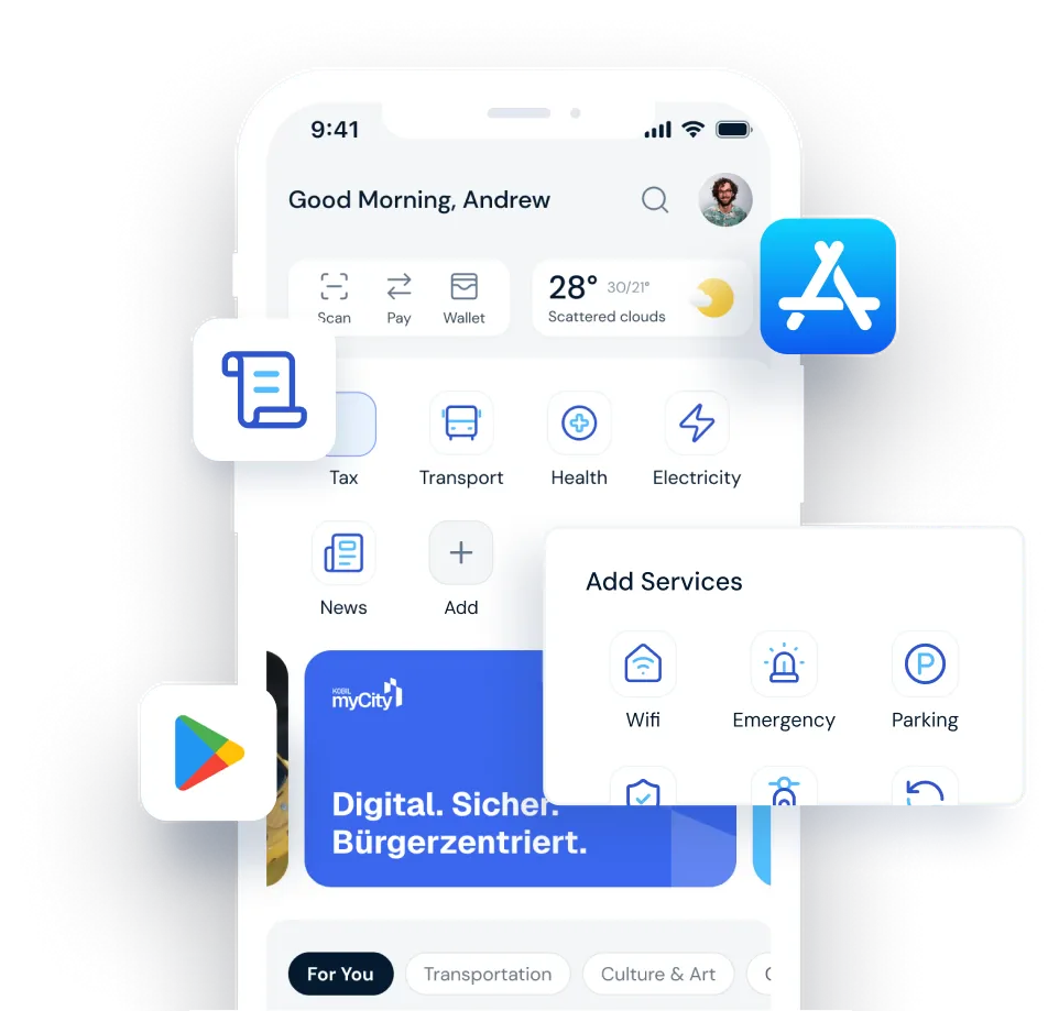 The KOBIL myCity citizen app on a smartphone, showing municipal service tiles, an Add Services panel and App Store and Google Play badges