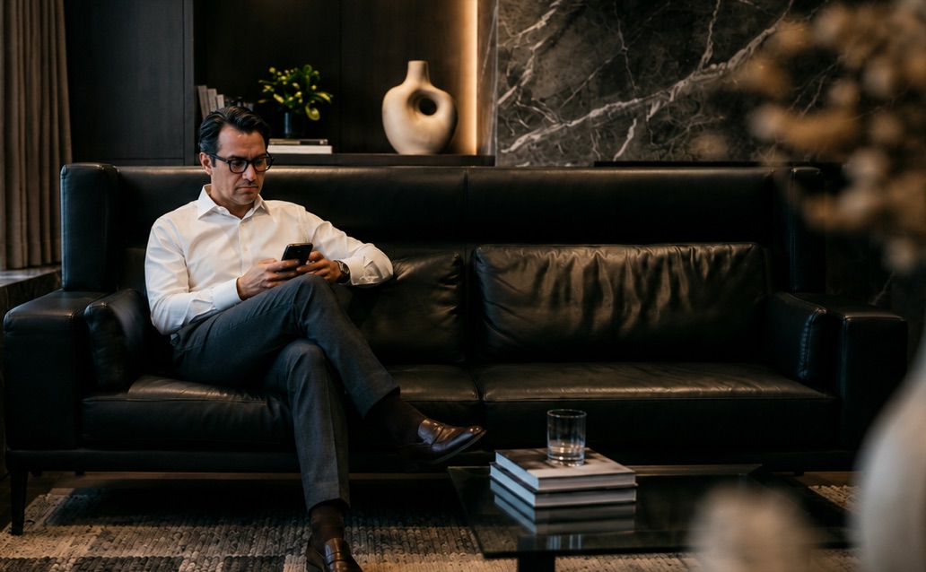 Man reading Forbes content on a couch