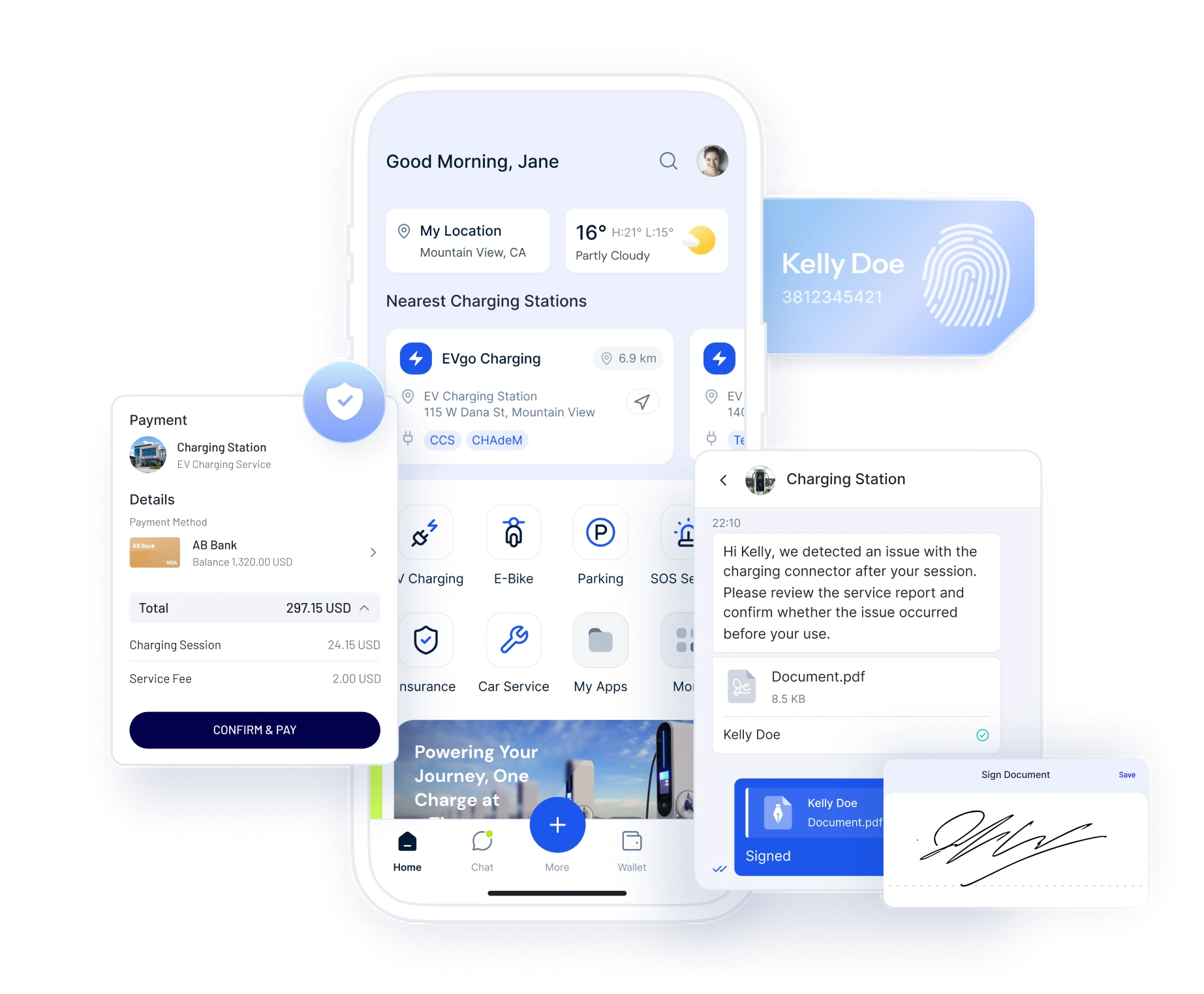 Identity, payment and signature flows running underneath a SuperApp — a payment sheet, a signed document and a secure chat thread around the phone