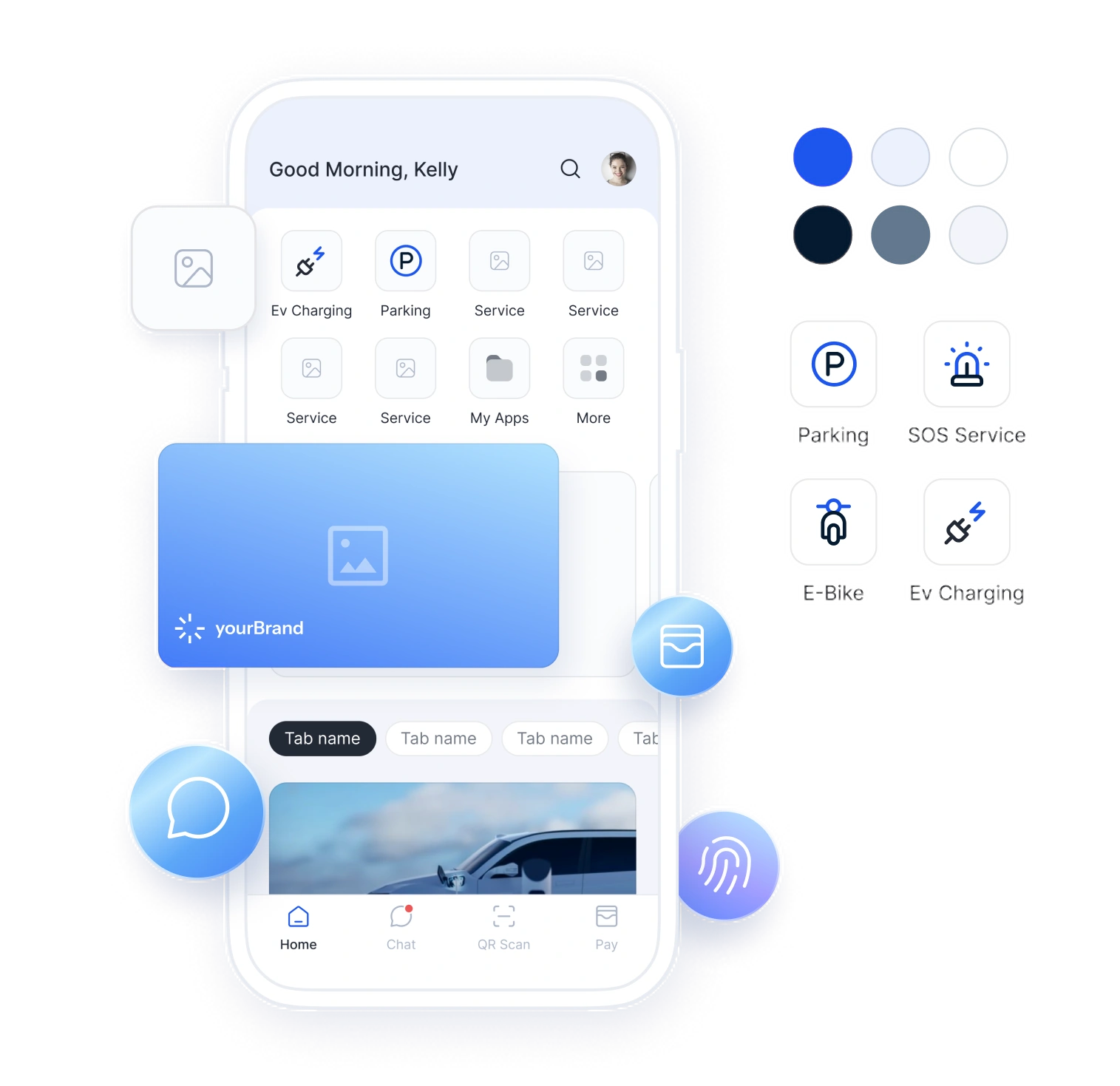 A branded SuperApp home screen surrounded by its mini-app services — parking, SOS, e-bike and EV charging