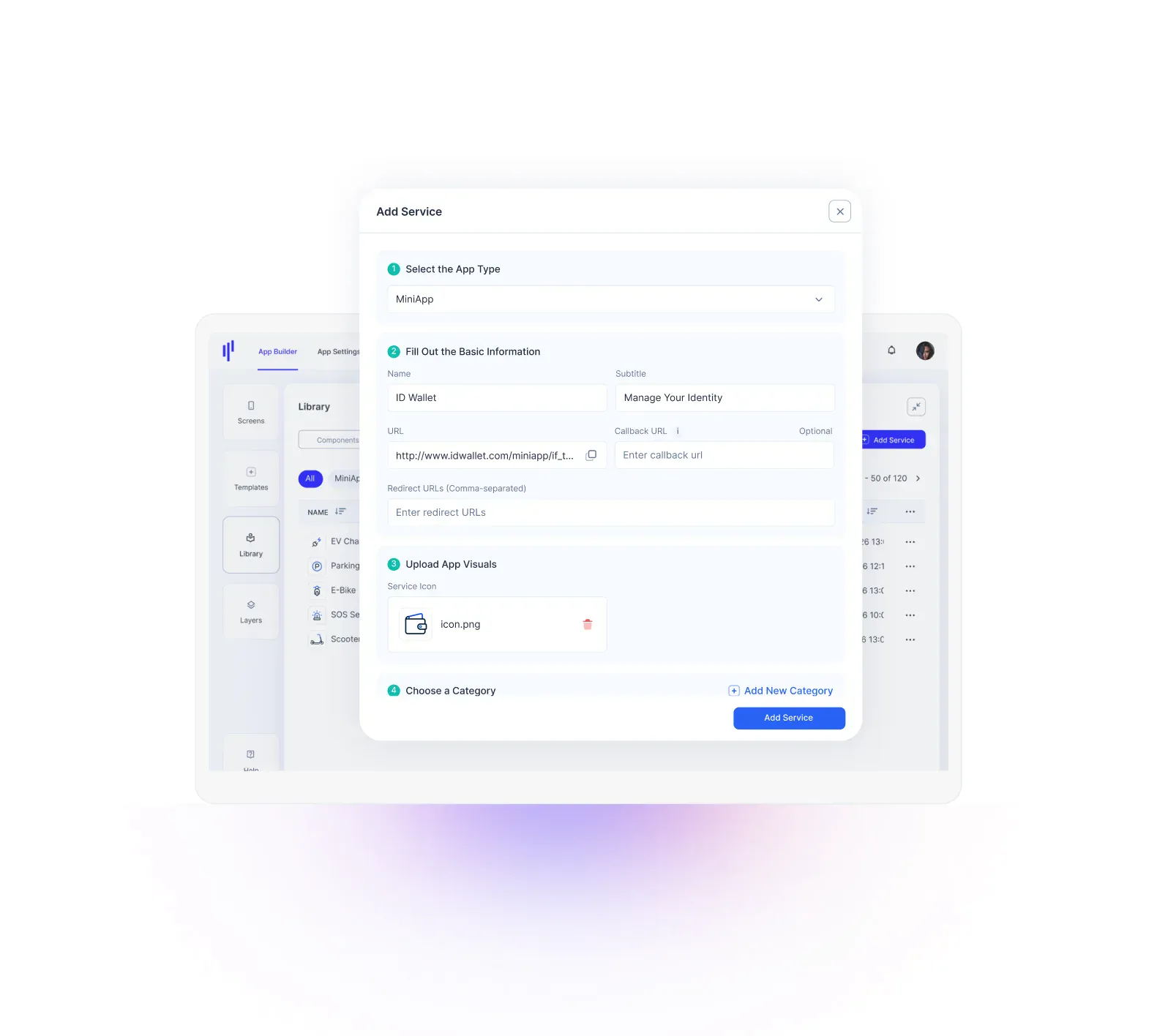 The portal's Add Service dialog, where a new MiniApp is configured and published