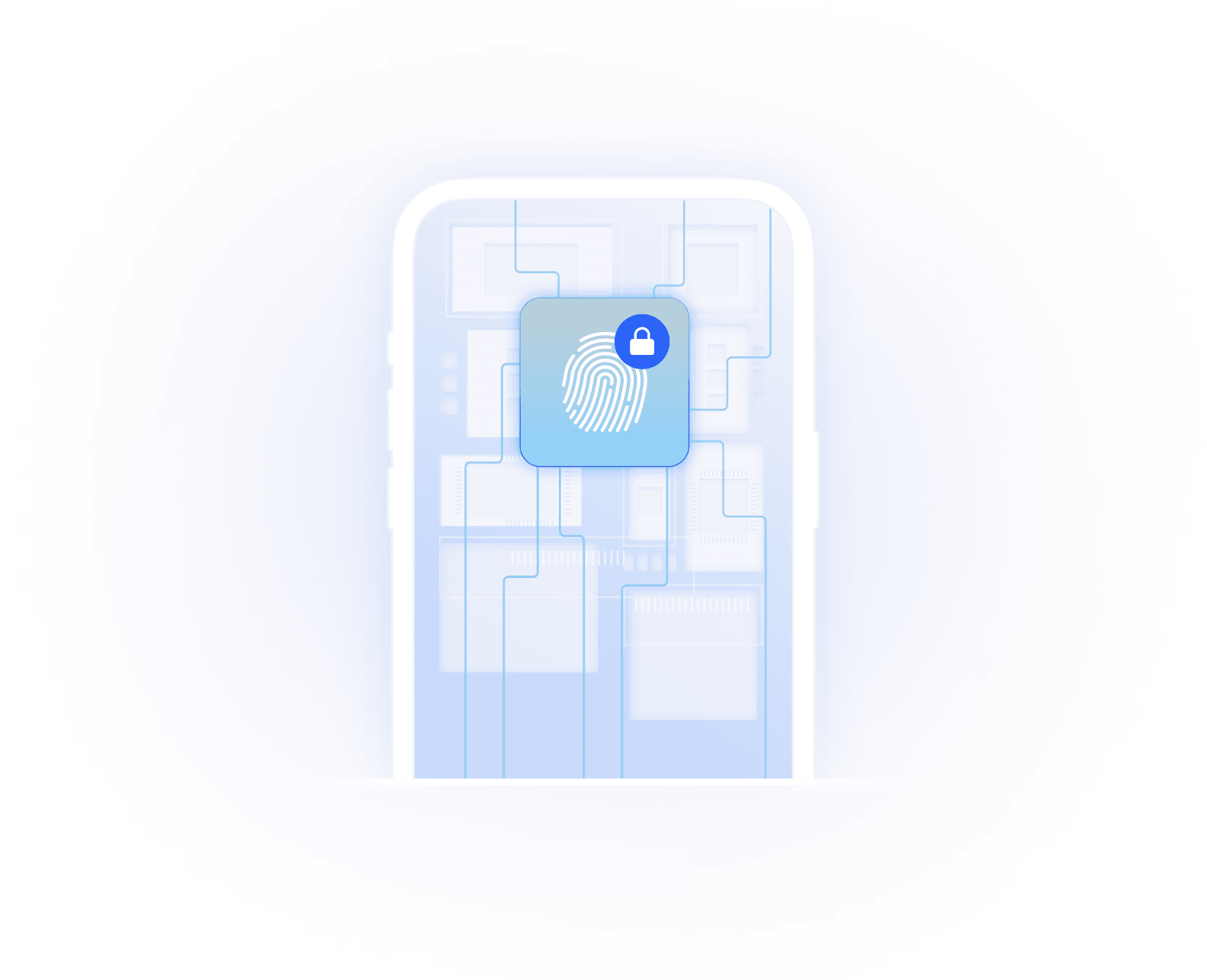 A smartphone showing its internal circuitry with a fingerprint and lock badge over it, representing device and session verification at runtime