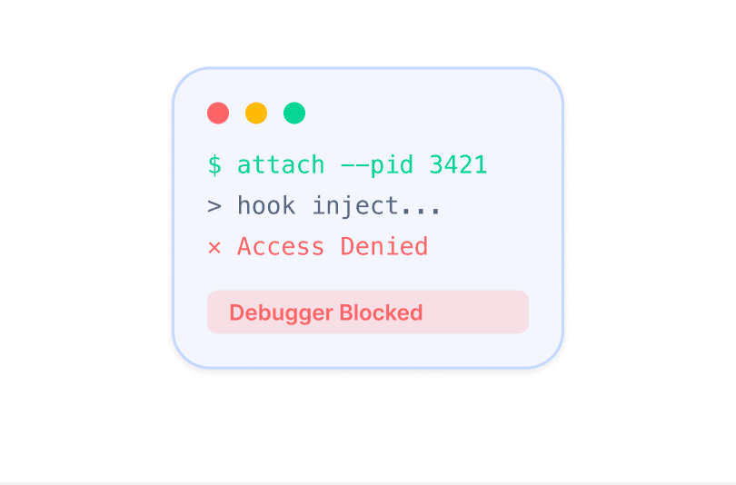 A terminal window showing an attach attempt with “Access Denied” and “Debugger Blocked”