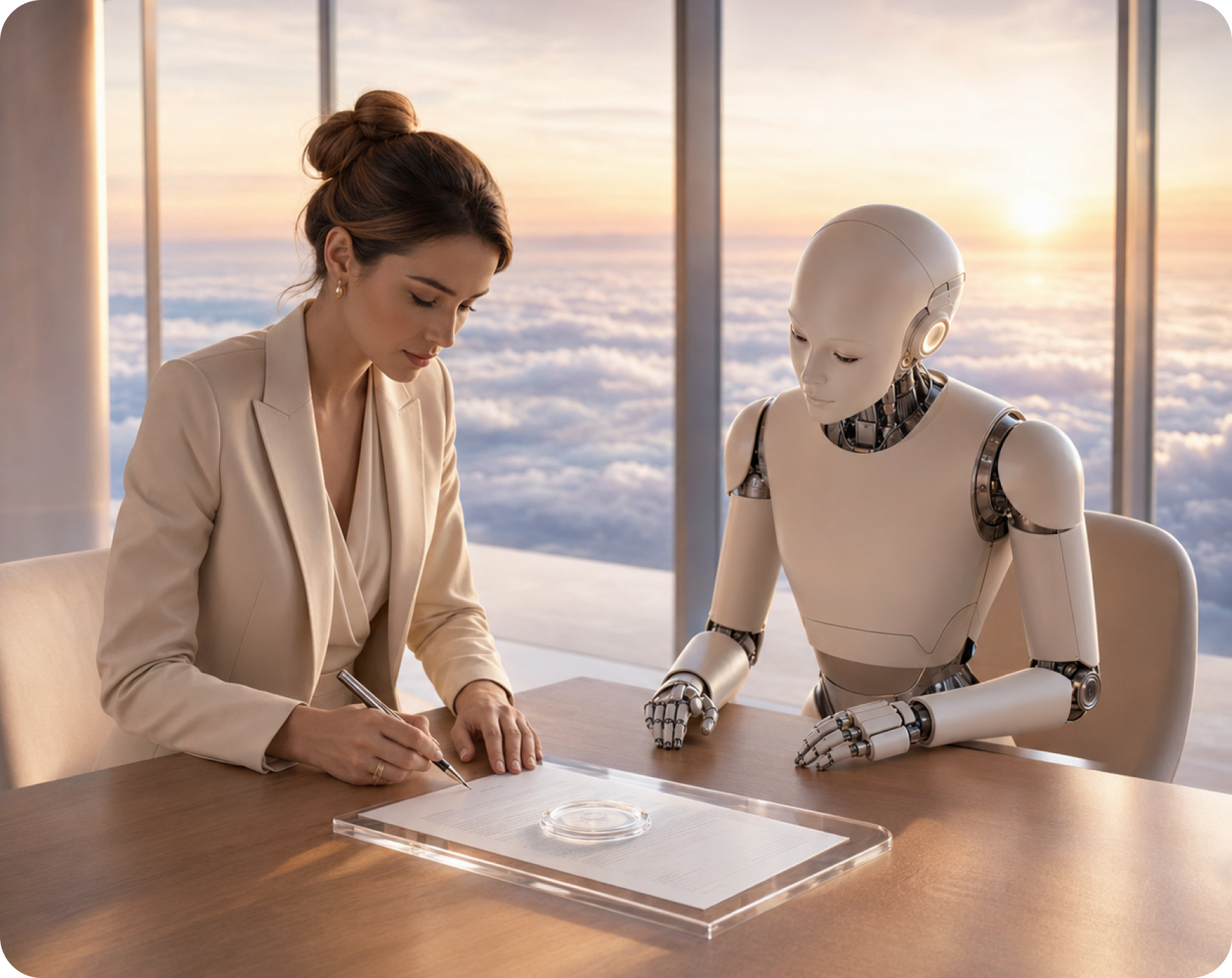 Eine Geschäftsfrau signiert an einem Besprechungstisch ein Dokument auf einem transparenten Tablet, neben ihr ein humanoider Roboter