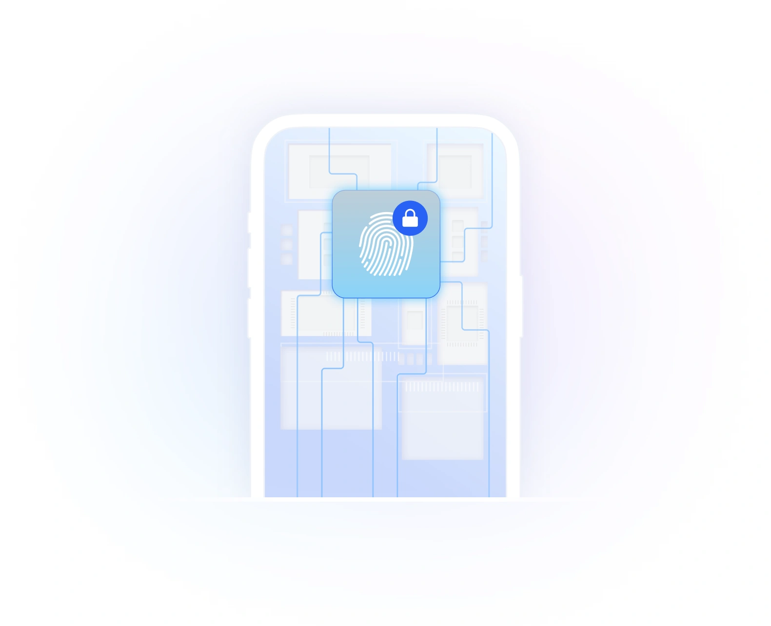 Ein Smartphone mit einem verschlüsselten Chat, darüber ein Fingerabdruck- und ein Schloss-Badge