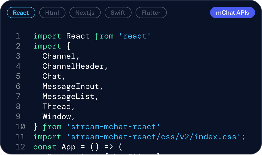 Ein Code-Editor, in dem das KOBIL mChat React SDK mit wenigen Zeilen importiert wird