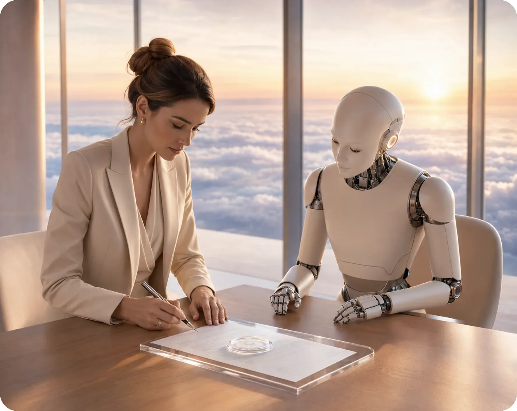 A businesswoman and a humanoid robot signing a document together above the clouds