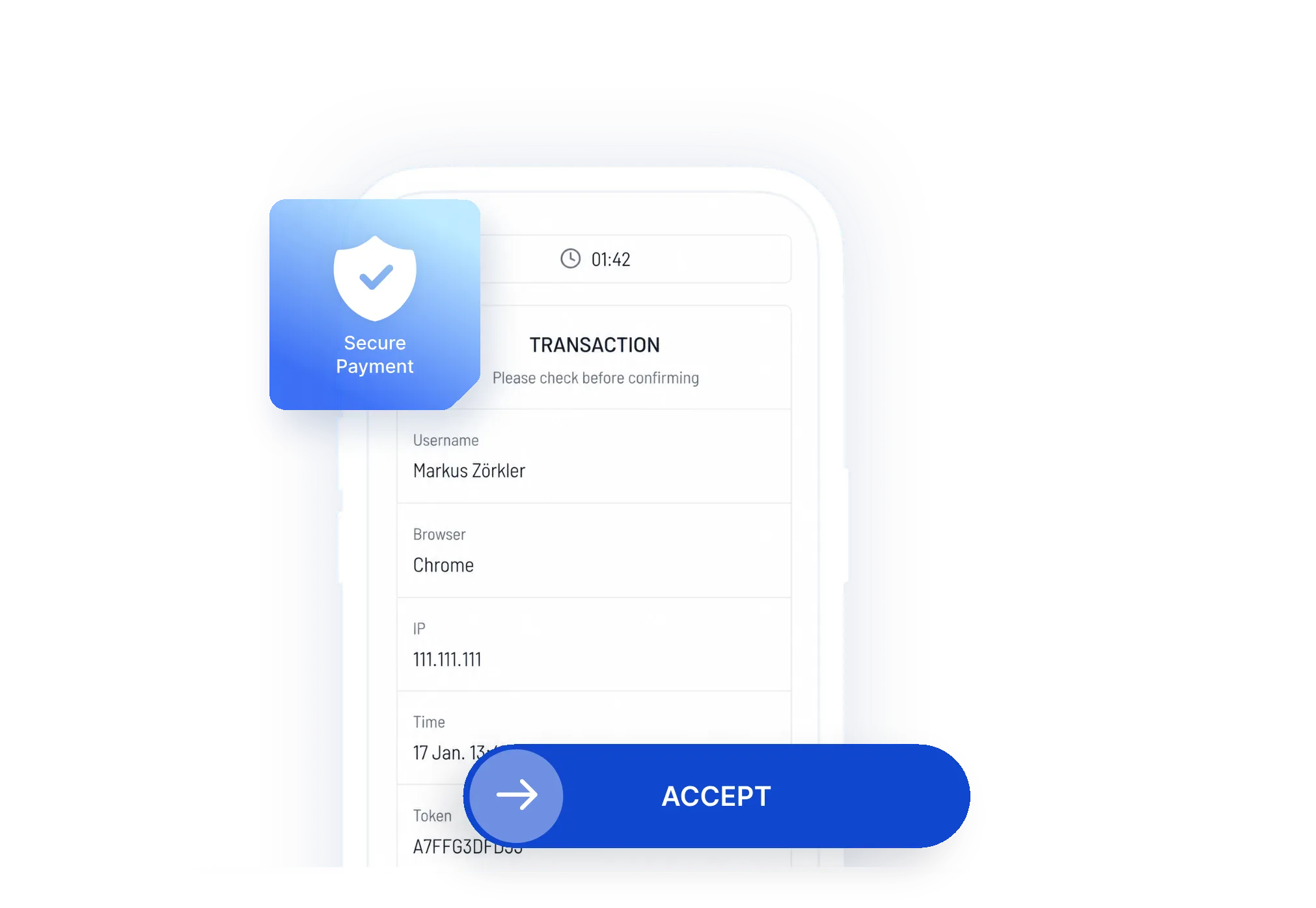 A phone showing a transaction confirmation with a Secure Payment badge and an ACCEPT button
