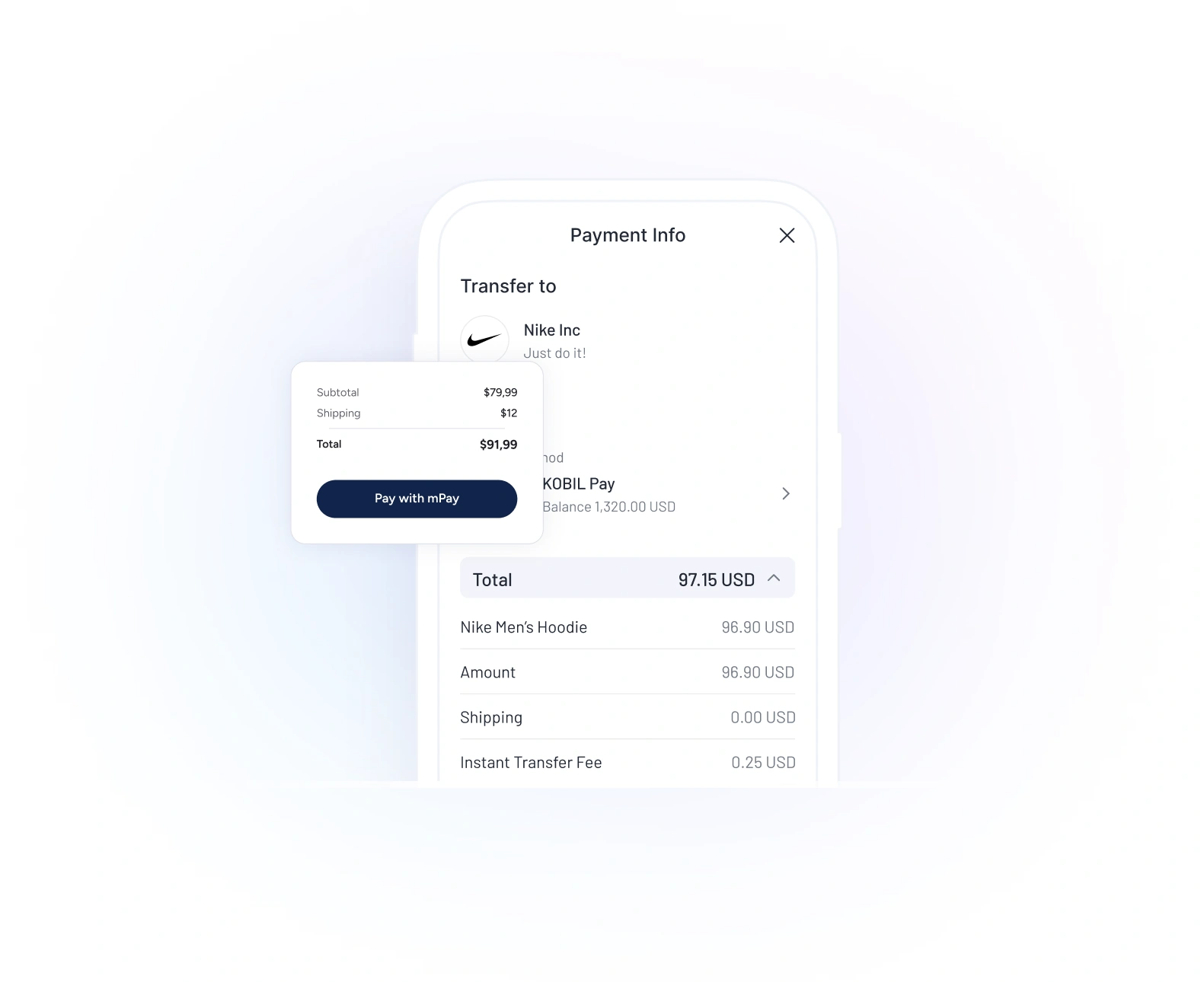 A payment summary on a phone with a Pay with mPay one-click prompt