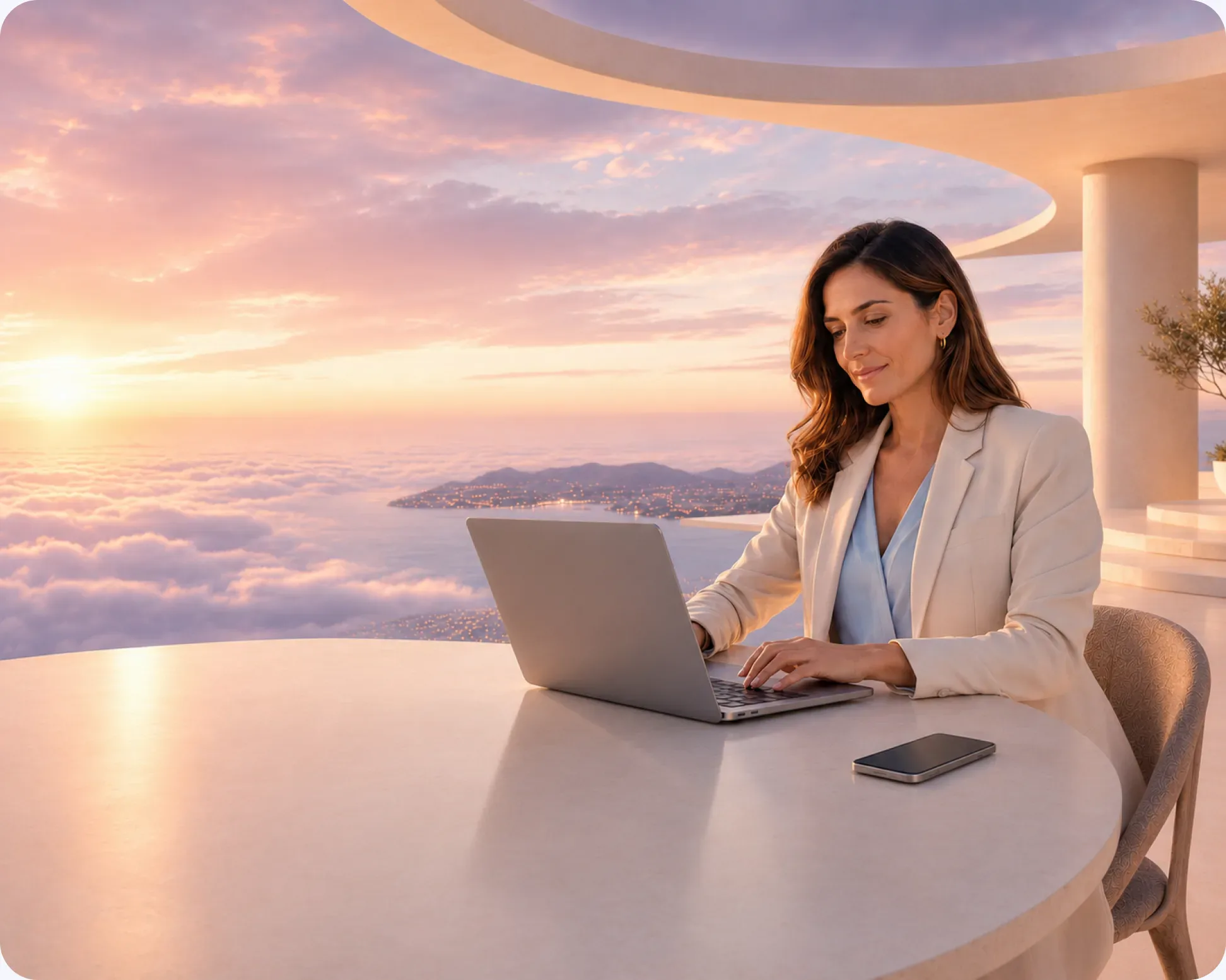 Eine Frau arbeitet auf einer Terrasse &uuml;ber den Wolken am Laptop, ihr Telefon liegt daneben